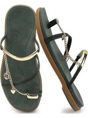 Women's Green Khaki Flat Slides Sandals Toe loop Strappy Square Open Toe Fashion